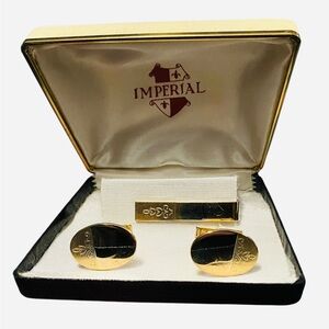 Vintage Imperial Gold Tone Cufflinks and Tie Bar/Clip Set